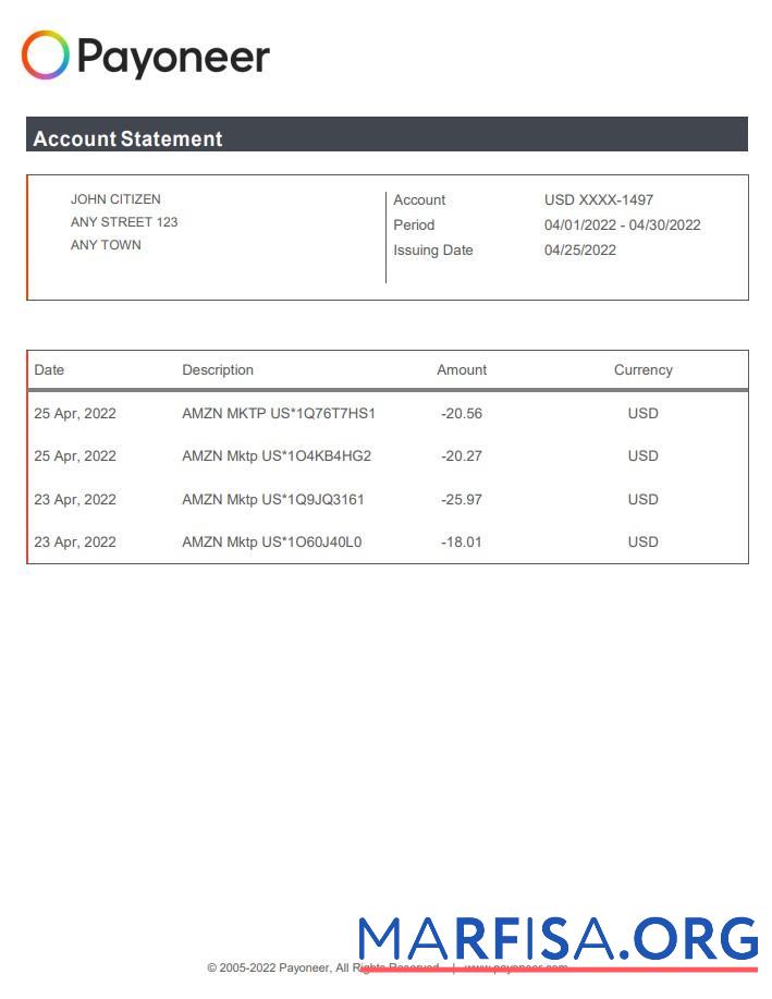 Realistic USA Payoneer bank statement word example